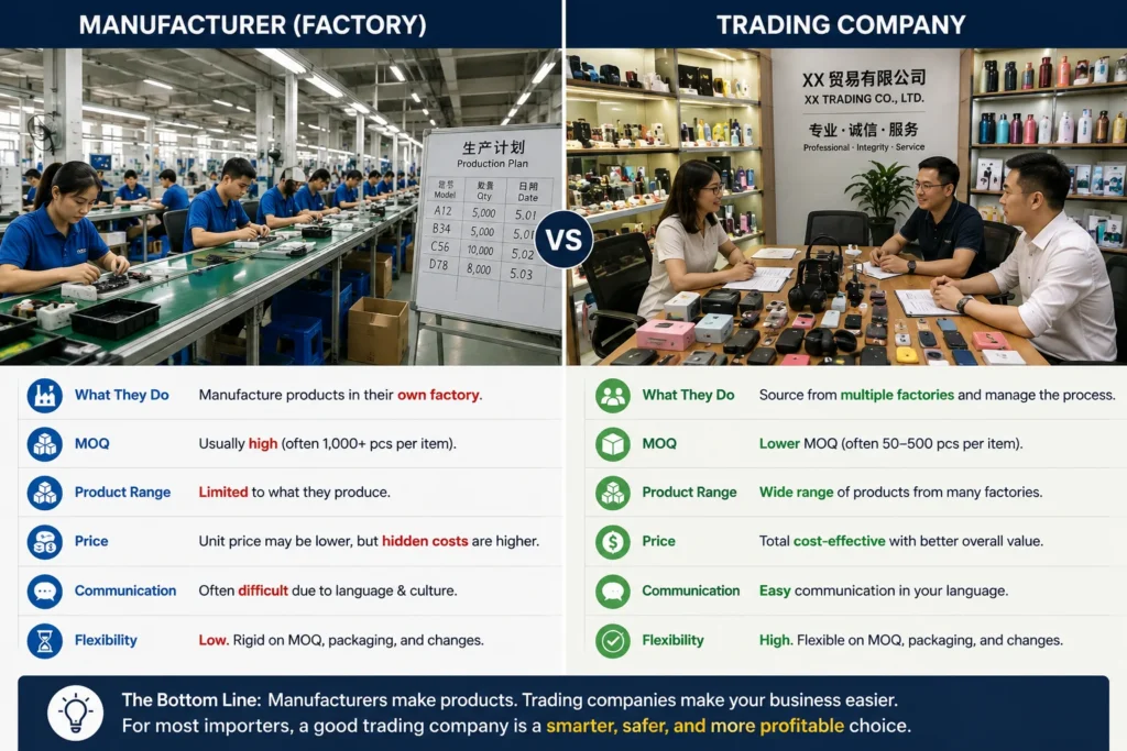 Side-by-side comparison showing differences between manufacturers working in their own factory and trading companies sourcing products from multiple factories, highlighting contrasting factors like MOQ, product range, flexibility, price, and communication.