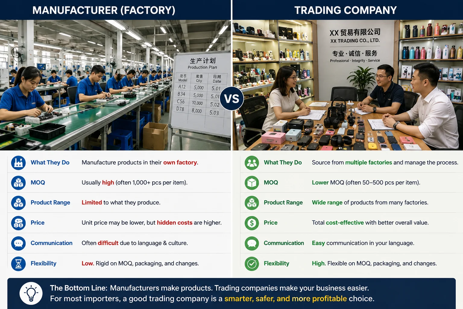 Manufacturer vs Trading Company A factory assembly line versus a trading company office with many product samples
