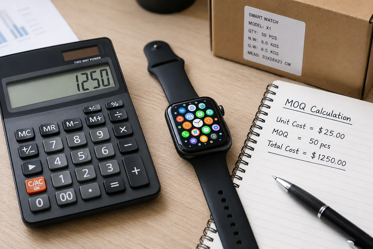 Realistic Smartwatch MOQ A calculator and a smartwatch, symbolizing calculating MOQ