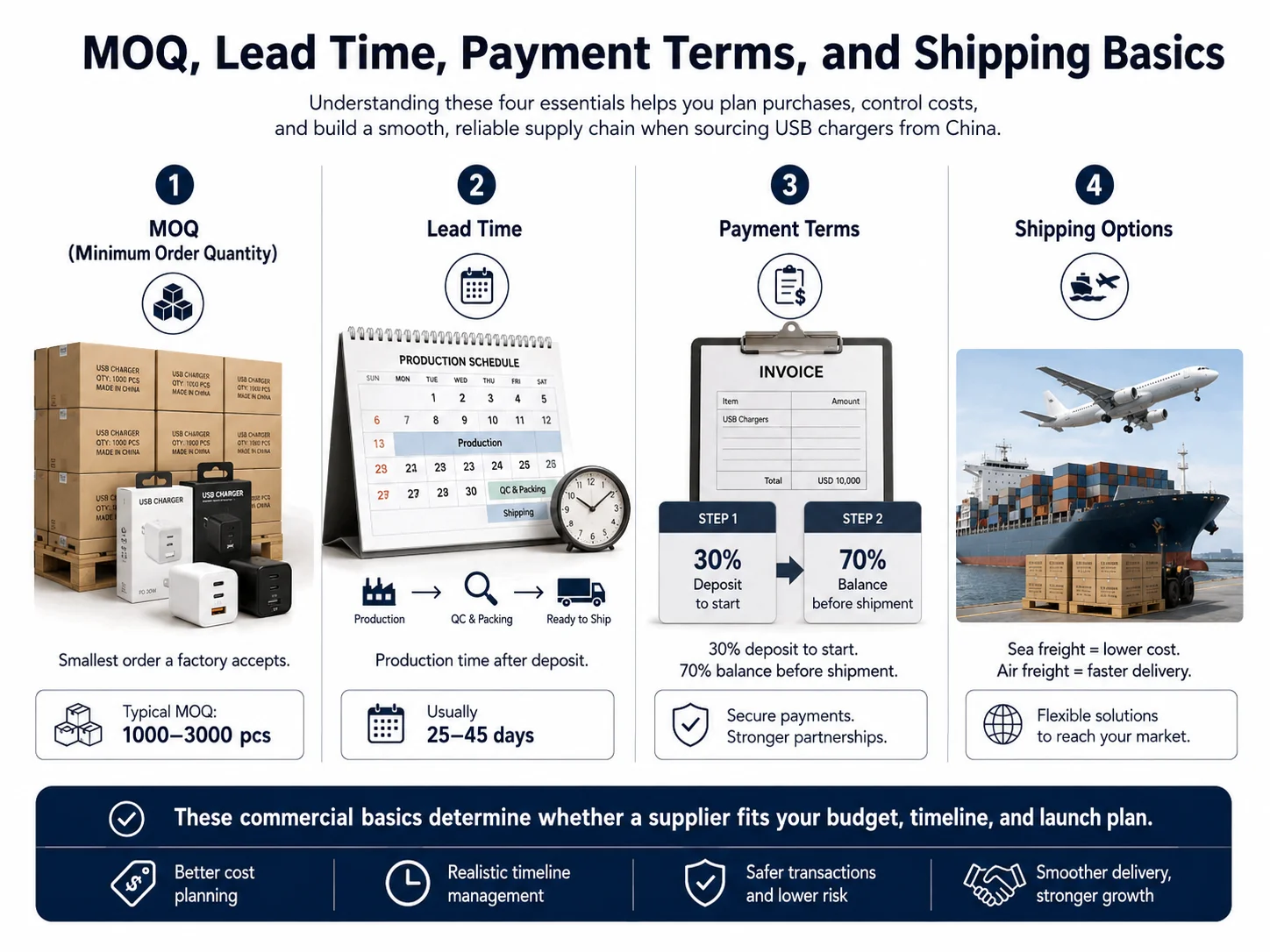 MOQ, Lead Time, and Shipping Basics A calendar showing lead time and a cargo ship representing shipping.