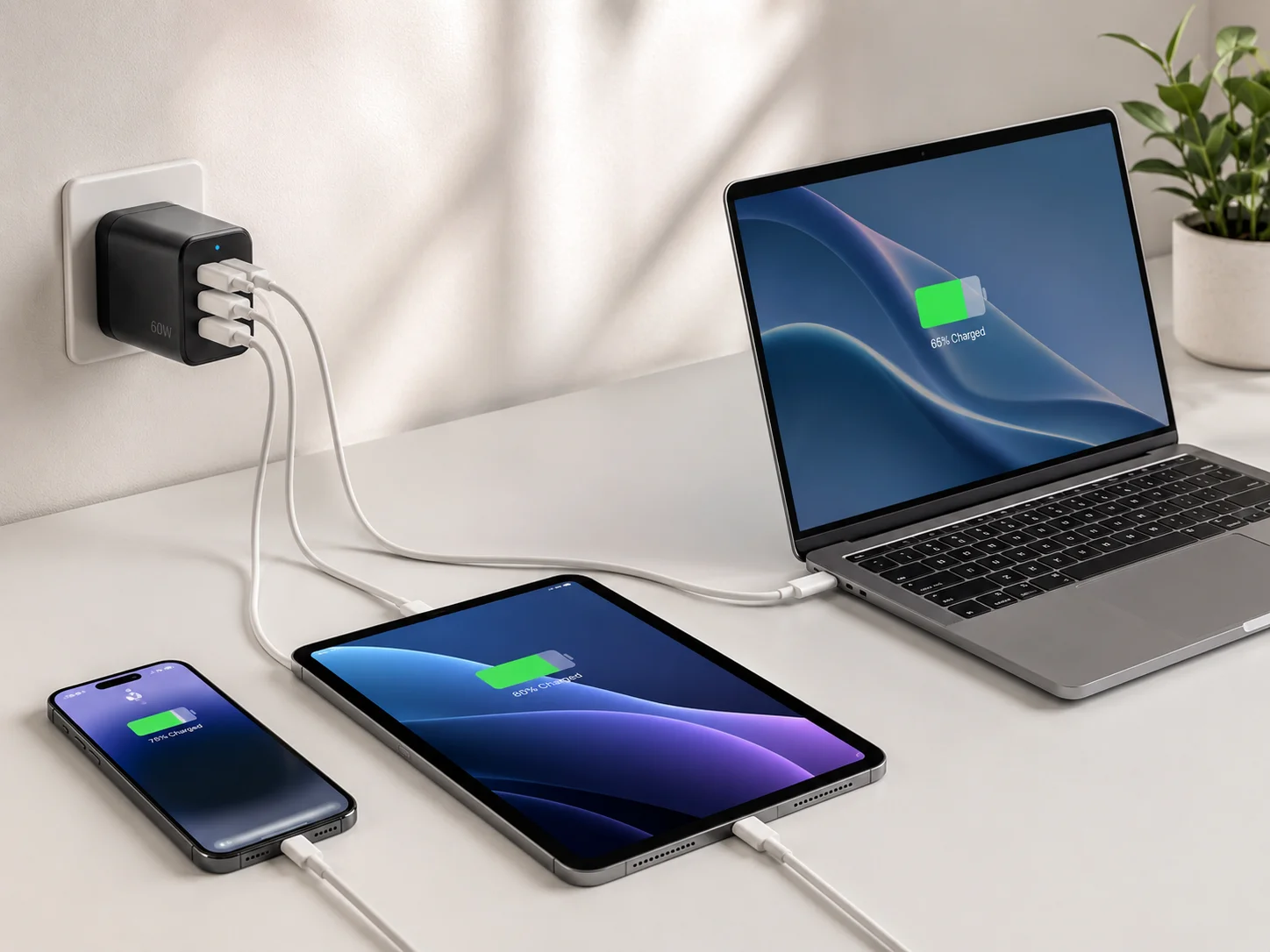 Phone, tablet, and ultrabook charging An image showing a phone, tablet, and a slim laptop all being charged