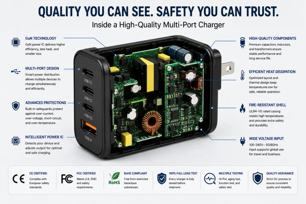 Exploded view of a GaN multi-port charger with internal components highlighted, showcasing smart power distribution, heat dissipation, and safety features.