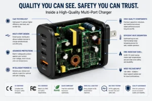 Exploded view of a GaN multi-port charger with internal components highlighted, showcasing smart power distribution, heat dissipation, and safety features.
