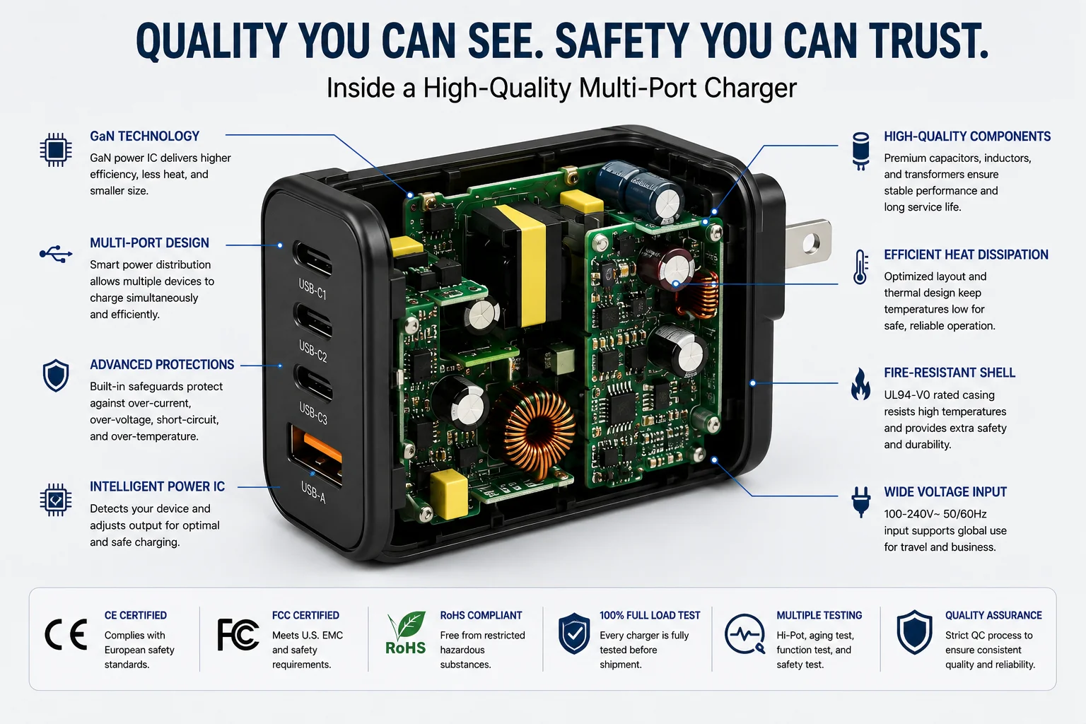 Multi-Port Charger Manufacturer Internals Inside of a multi-port charger showing the circuit board