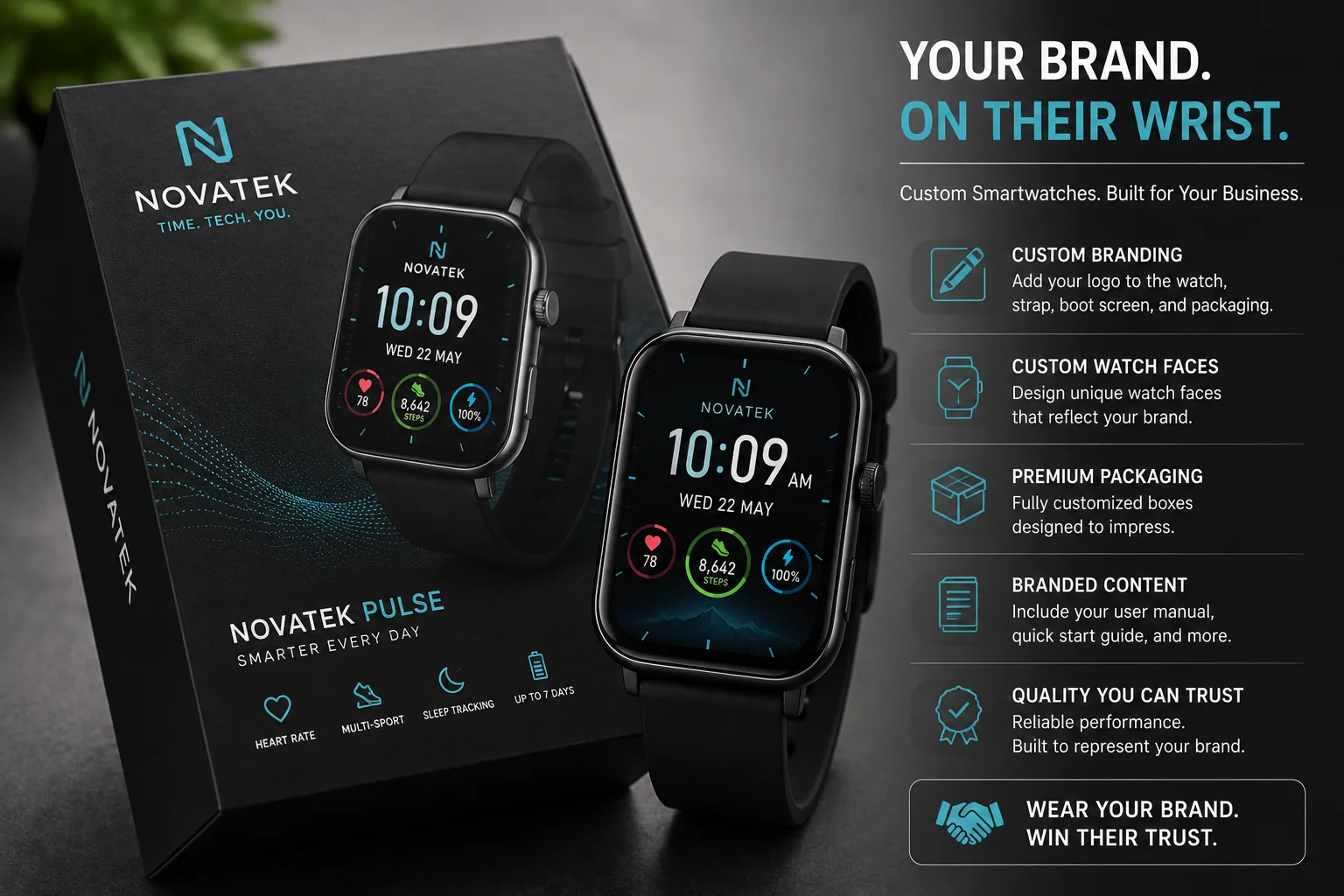 Smartwatch Branding and Packaging a custom-branded smartwatch box next to a watch displaying a custom face
