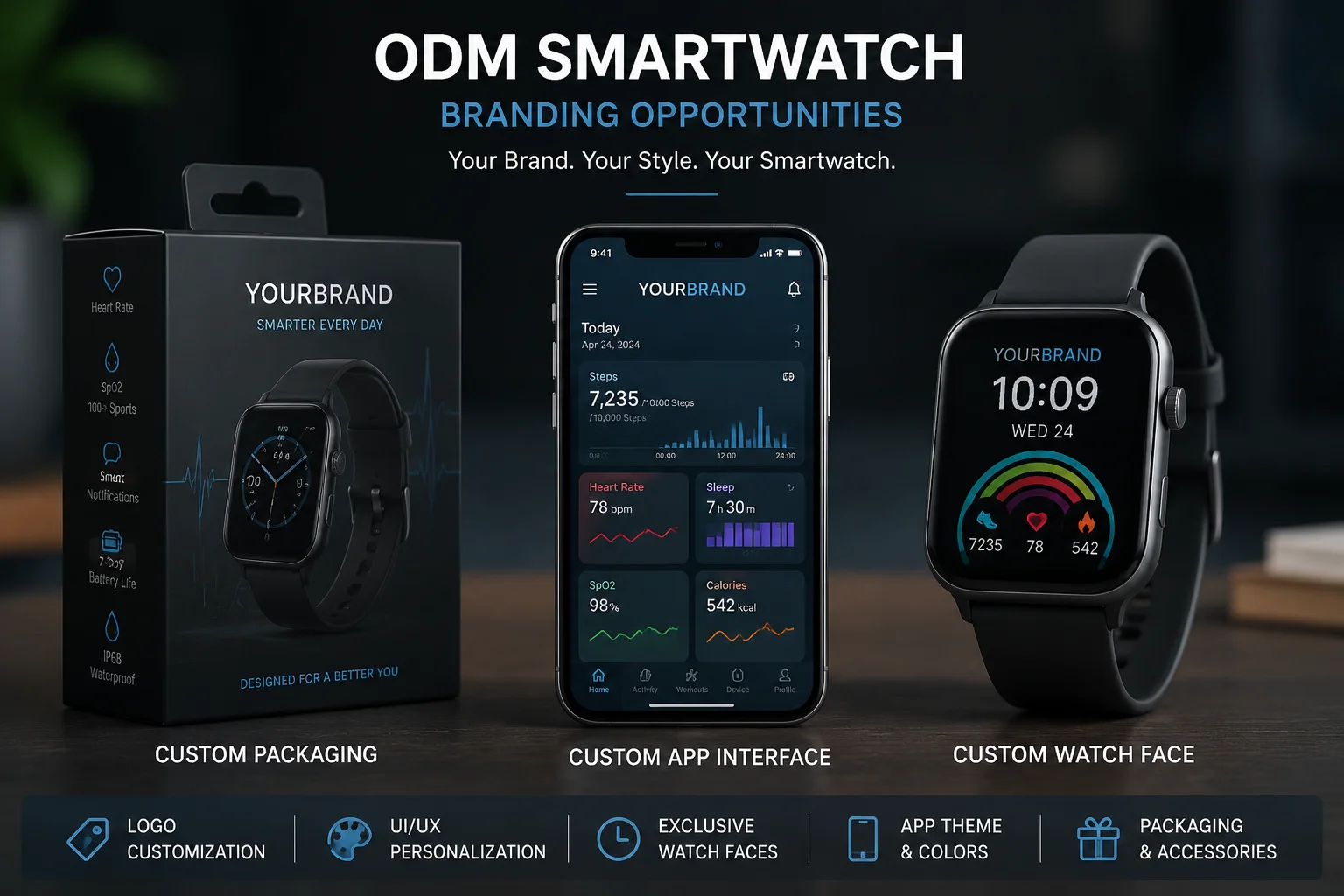 ODM Smartwatch Branding Opportunities A custom branded smartwatch box, app interface, and watch face