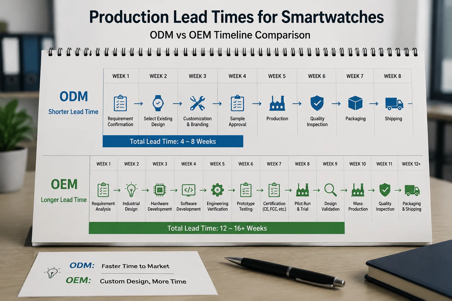 Production Lead Times for Smartwatches A calendar showing a short ODM timeline versus a long OEM timeline