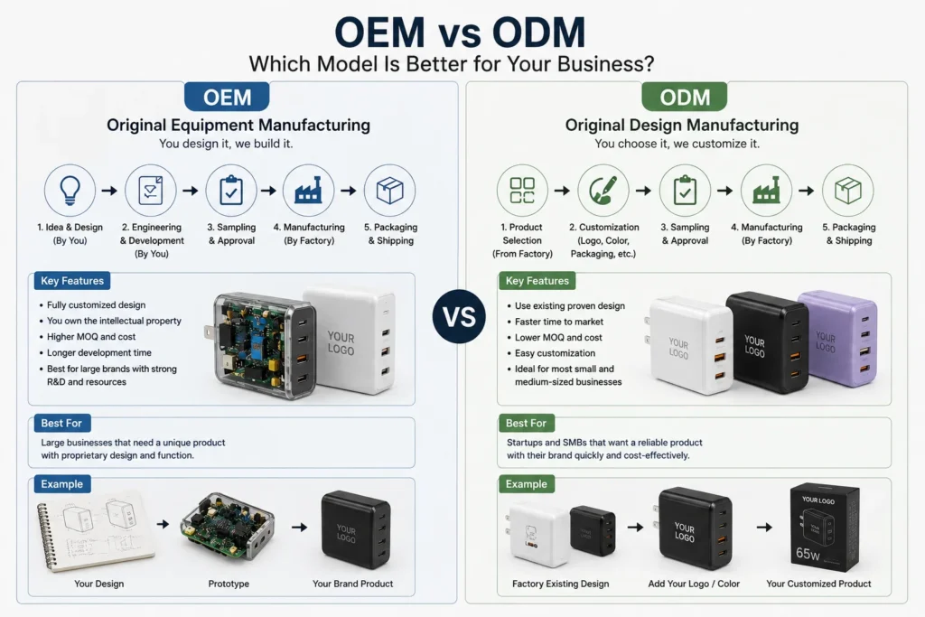 Comparison chart explaining OEM and ODM business models for product design, manufacturing, and customization; includes examples of chargers.