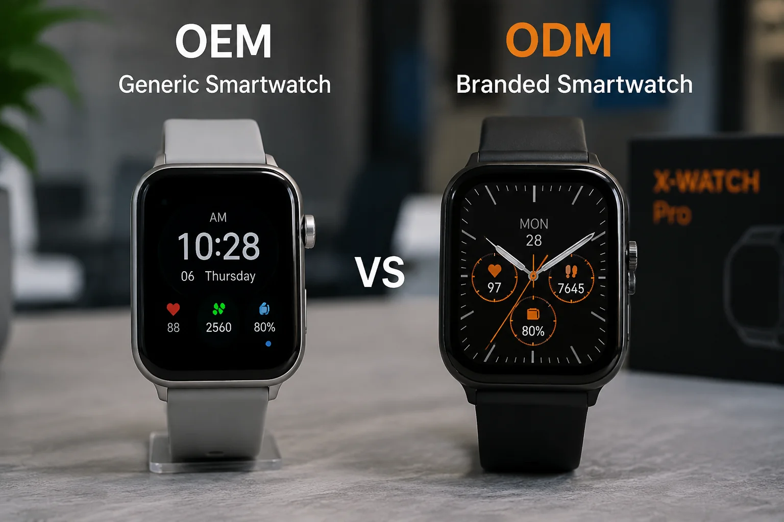OEM vs ODM Smartwatch Sourcing A side-by-side comparison of a generic smartwatch and a branded one