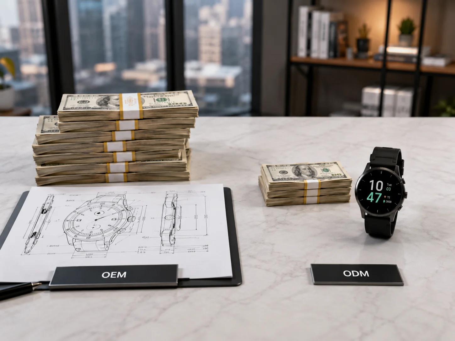 Cost Implications of OEM vs ODM A pile of money next to an OEM blueprint versus a smaller pile next to an ODM watch