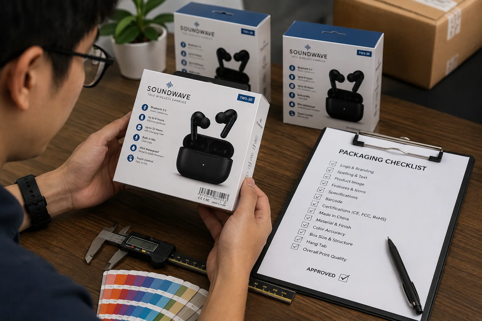 Final Packaging Pre-Production Check A person inspecting a final sample of a product box with a checklist