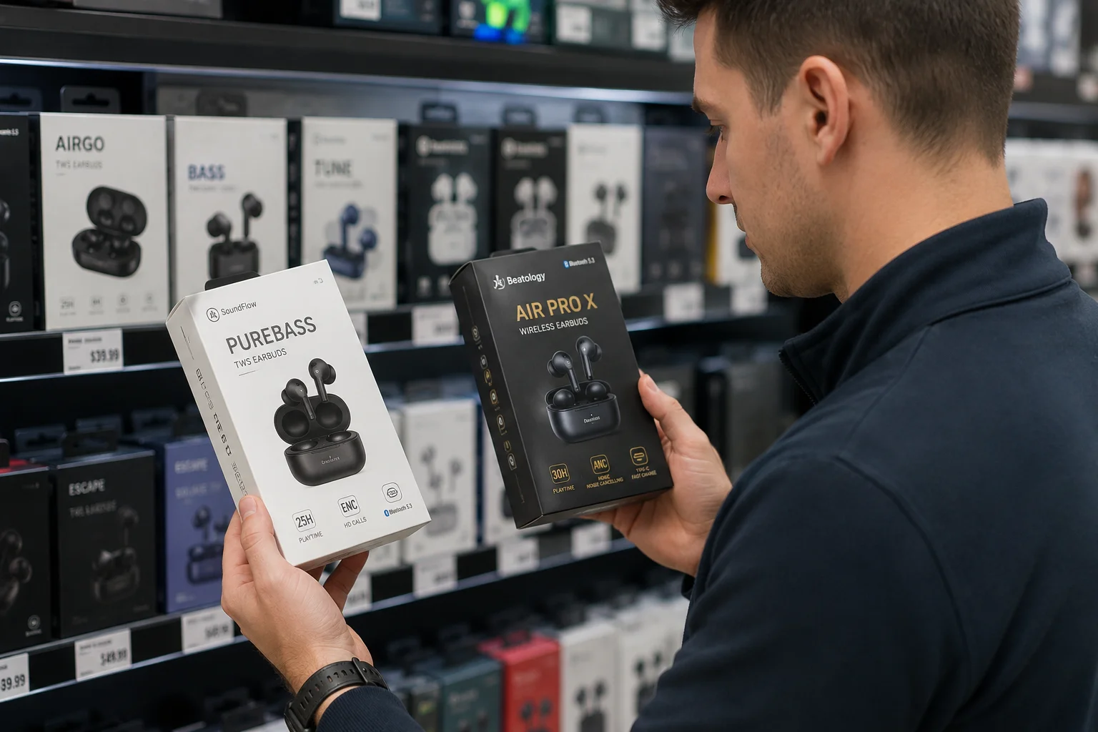 Packaging Matters for Sales A customer comparing two different earbud packages in a store