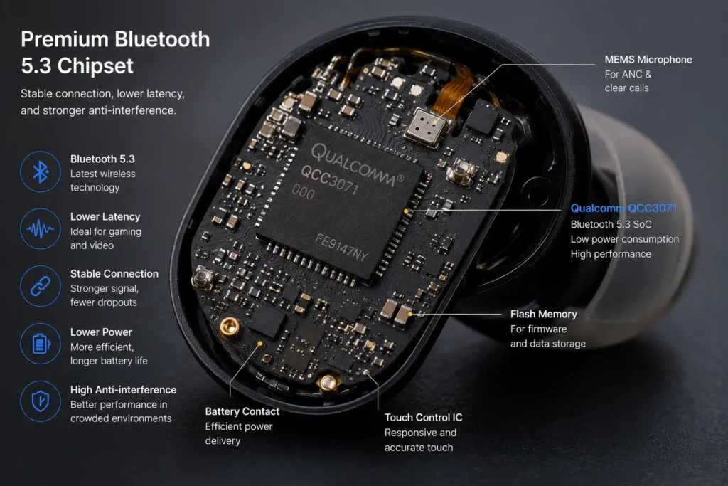 Close-up of an electronic circuit featuring Qualcomm QCC3071 Bluetooth 5.3 chipset components including MEMS microphone, flash memory, and touch control IC.