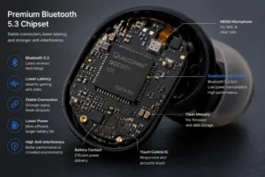 Close-up of an electronic circuit featuring Qualcomm QCC3071 Bluetooth 5.3 chipset components including MEMS microphone, flash memory, and touch control IC.