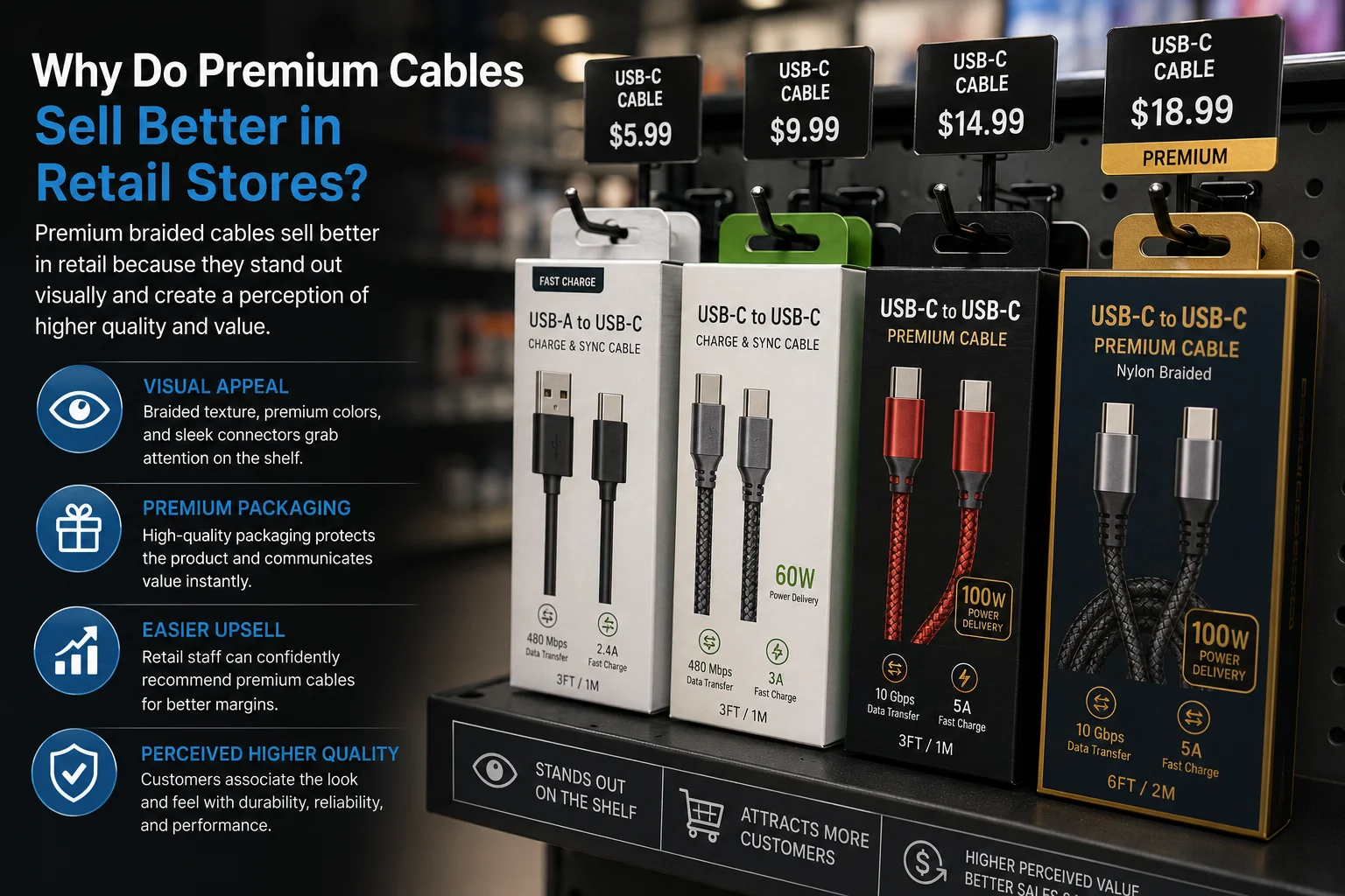braided usb cables hanging in a retail store display