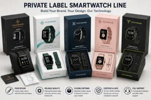 Multiple private label smartwatch models displayed in packaging, featuring various designs, colors, and user manuals for branding options.