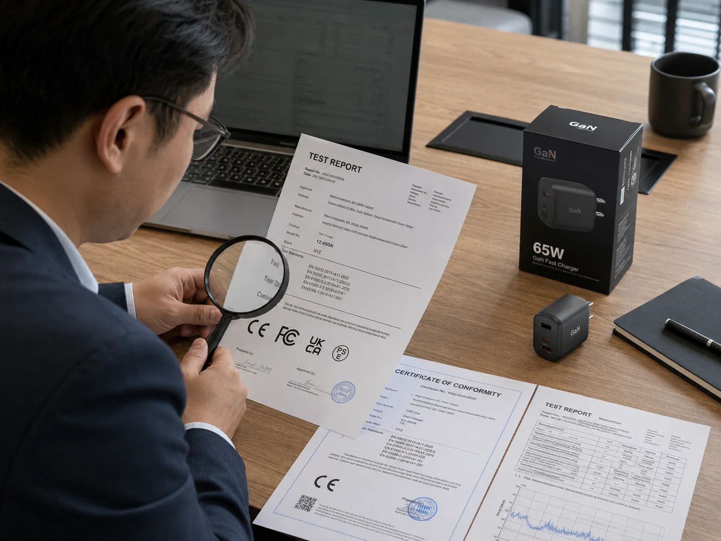 Verifying Charger Certifications A person inspecting a certification document with a magnifying glass