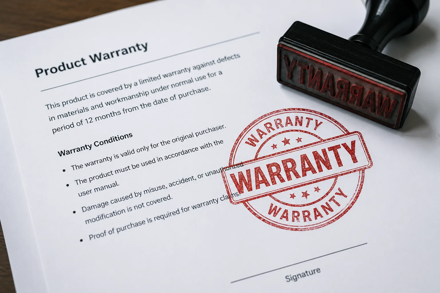 After-Sales Support and Warranty A 'Warranty' stamp on a document