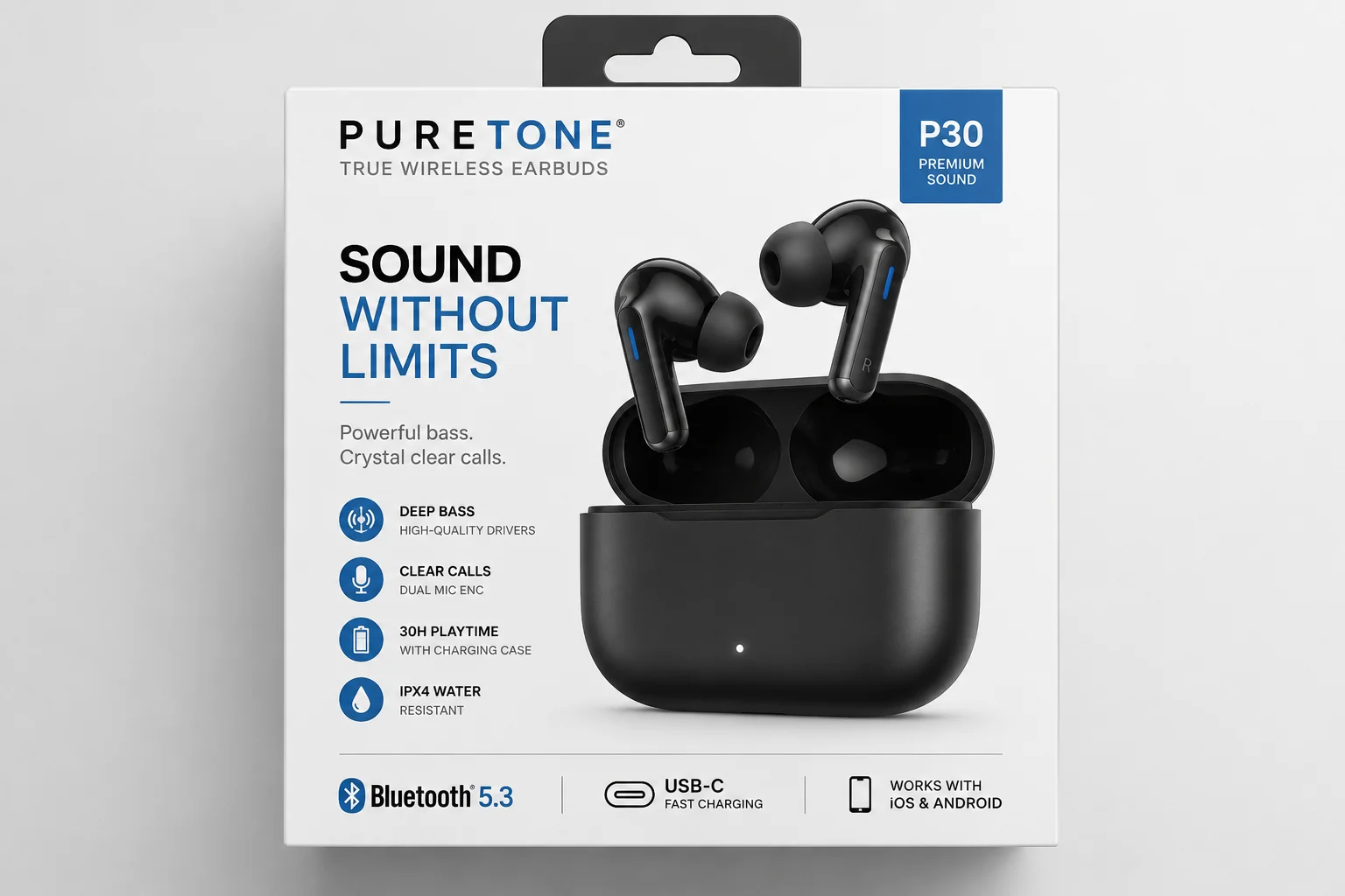 Front of Box Design for Earbuds A clean and modern earbud box front design