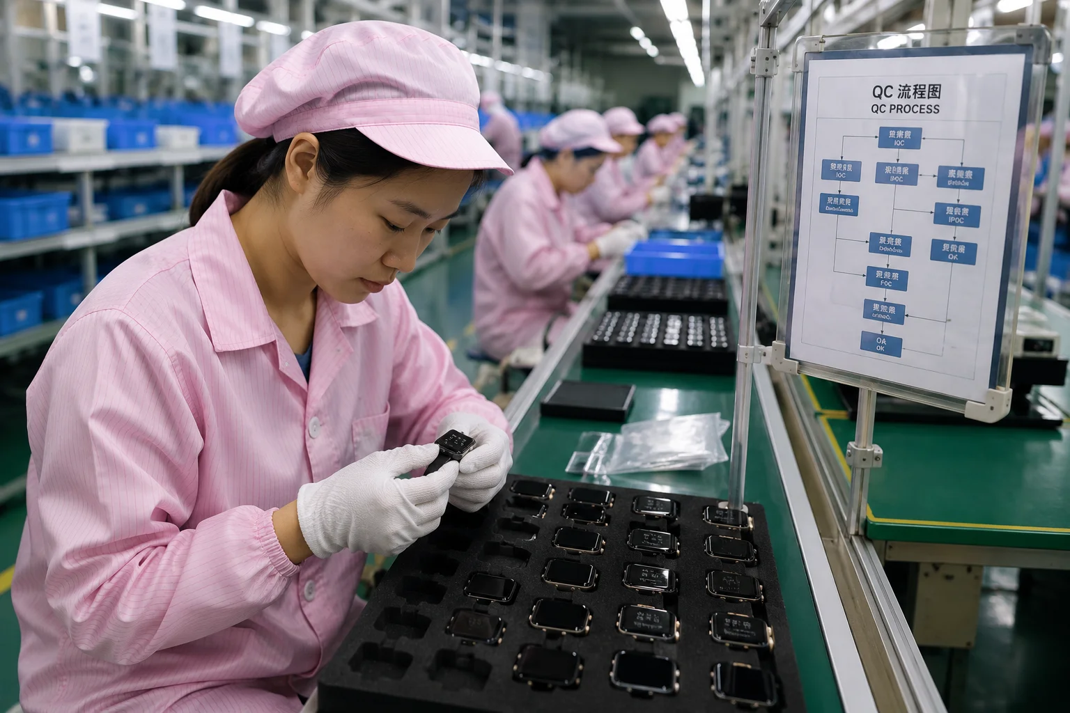 A factory worker performing quality control on an assembly line