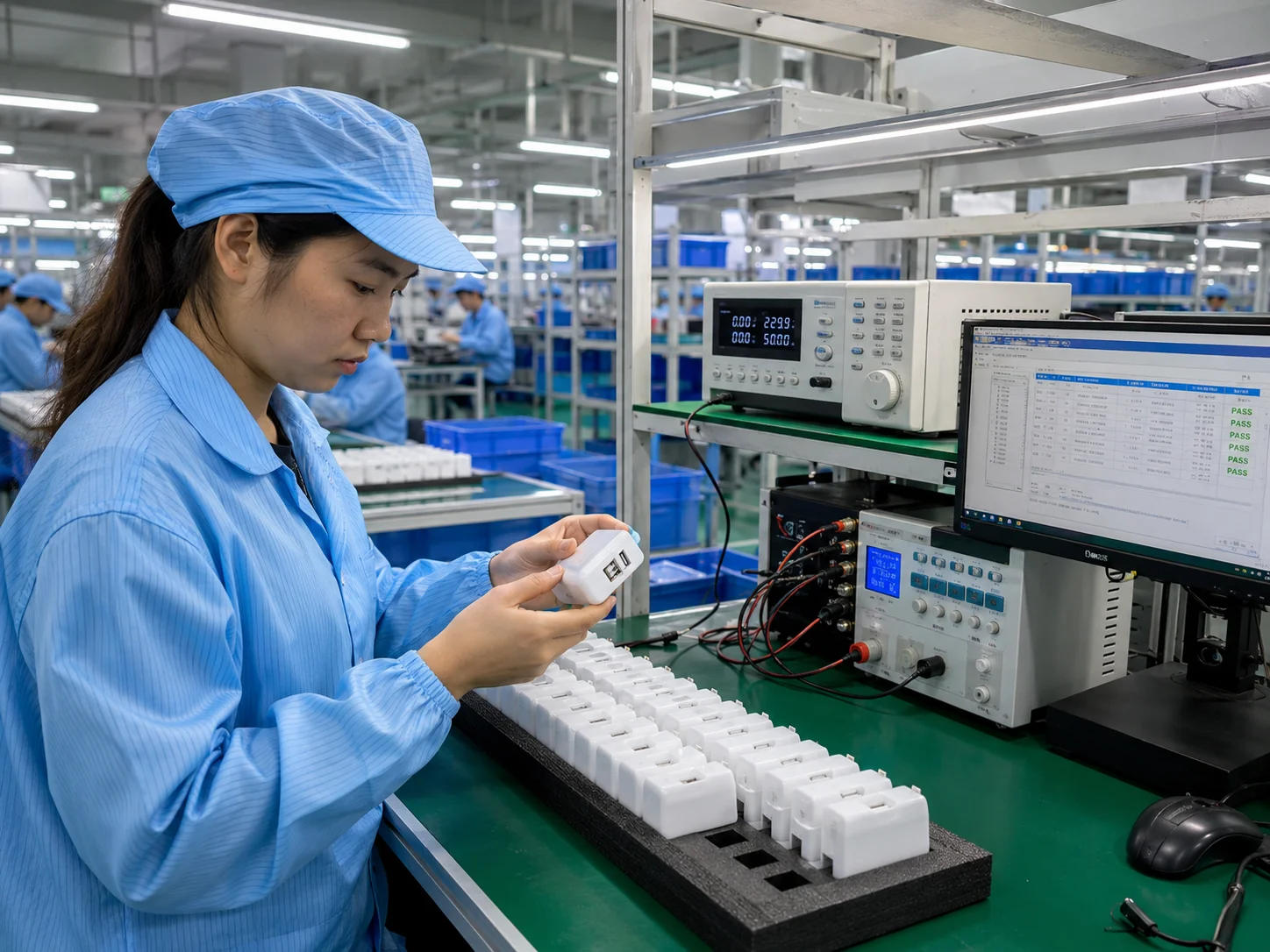 Factory Quality Control and Evaluation A quality control inspector examining a USB charger with testing equipment.