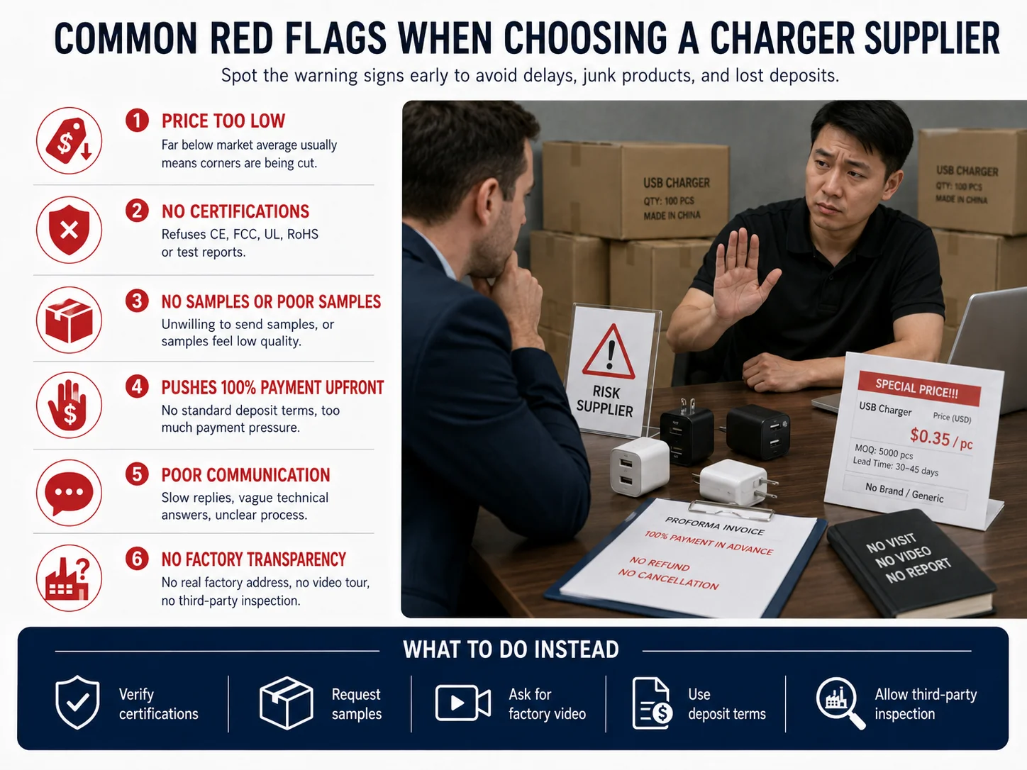 Red Flags for Charger Suppliers A collection of red flag icons like a low price tag and a warning sign.