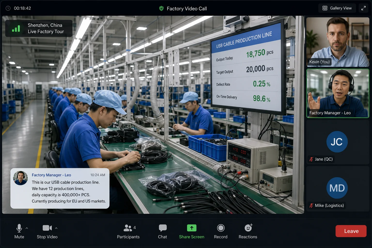 A video call showing a factory production line