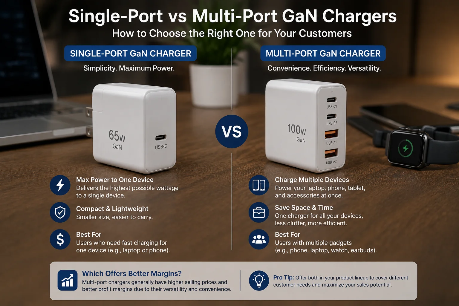Multi-port GaN Charger Specs A multi-port GaN charger with USB-C and USB-A ports