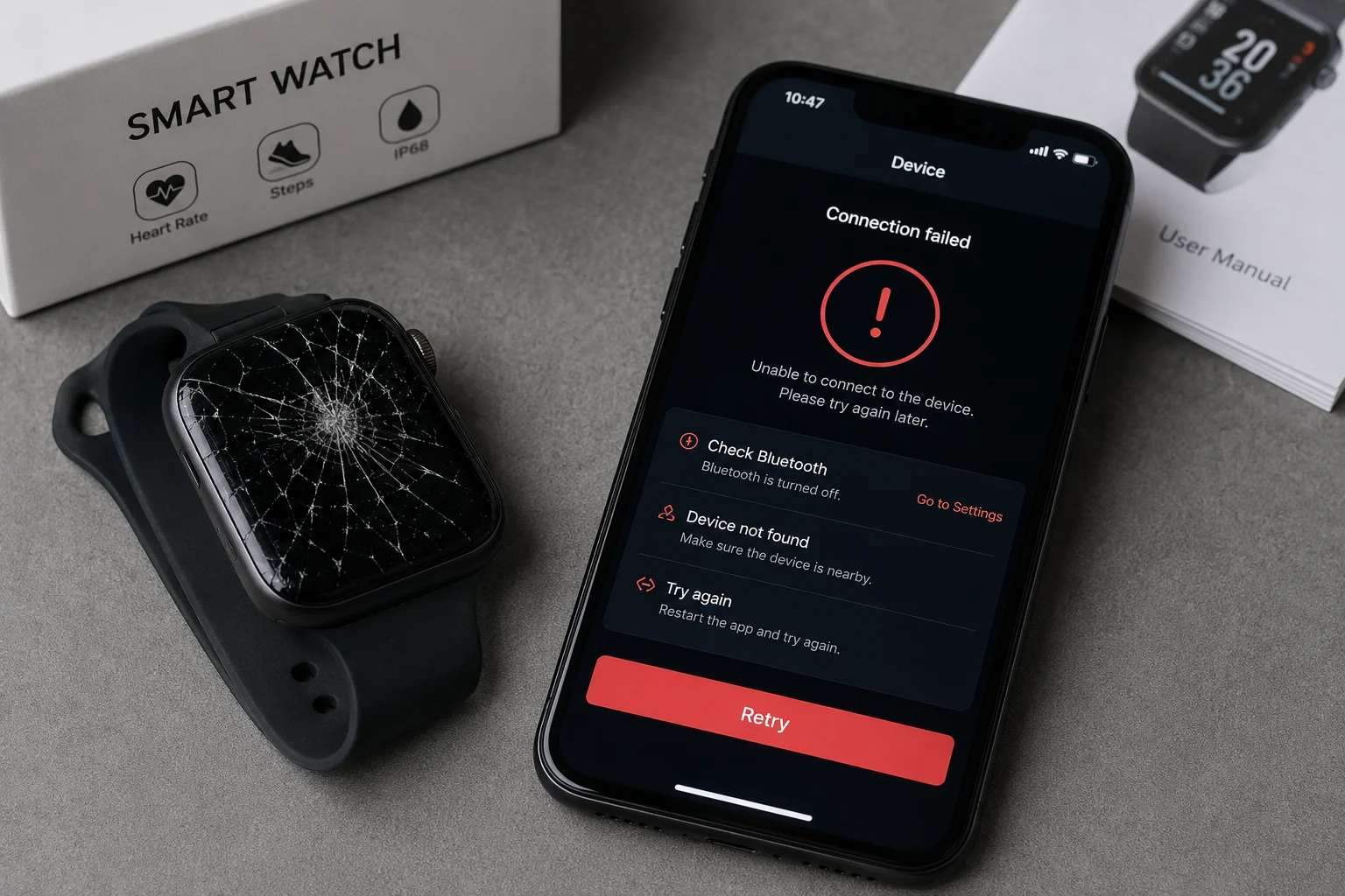 Risks of Low MOQ Smartwatch Orders A broken smartwatch next to a phone with an error message on the screen