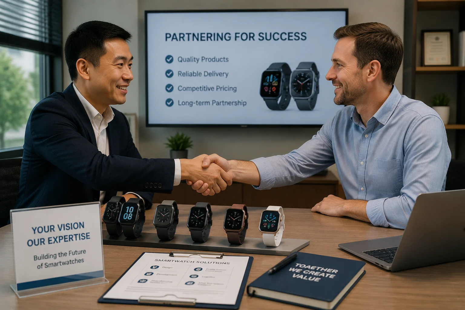 Choosing a Smartwatch Supplier Partner Two people shaking hands over a table with smartwatches on it