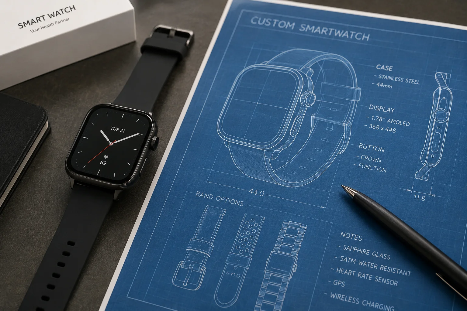 Proven Models vs. Custom Designs A popular smartwatch model next to a blueprint for a custom design