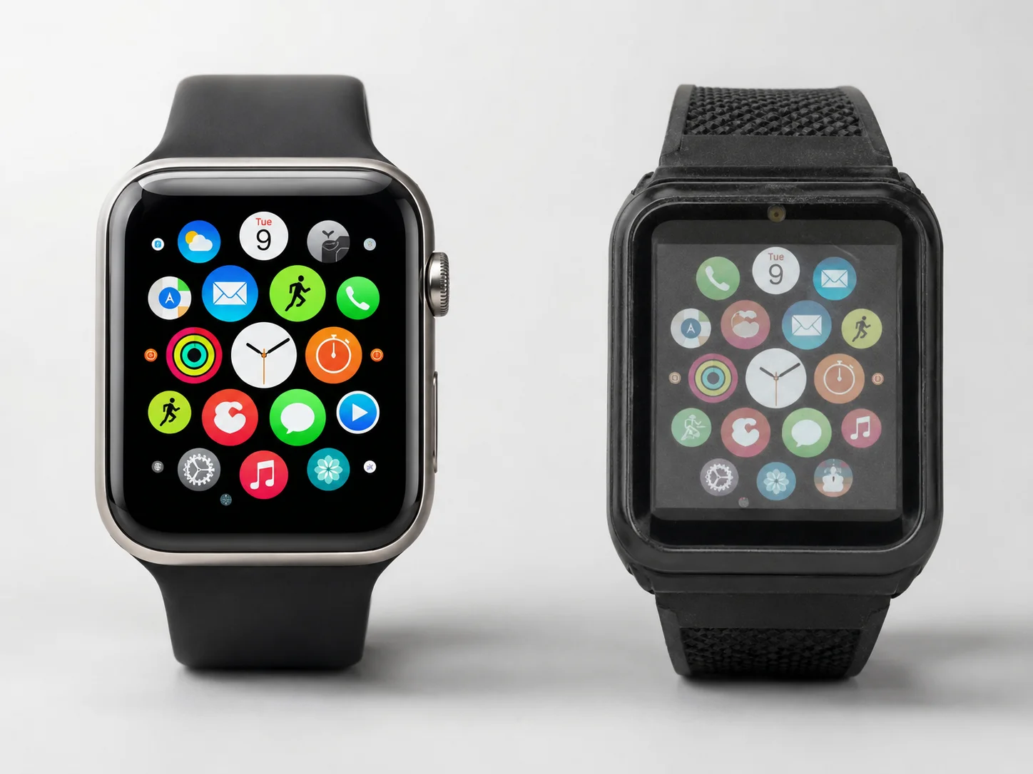 Avoiding Low Quality Copycat Smartwatches A genuine smartwatch next to a low-quality copycat, showing differences in screen quality