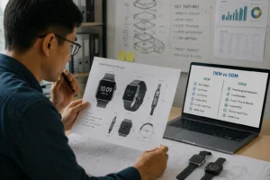 Designer examining smartwatch design sheet with diagrams while a laptop displays OEM vs ODM comparison; two smartwatch prototypes on desk.
