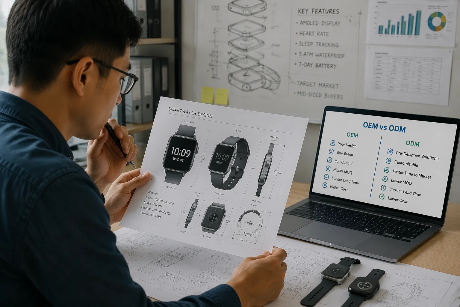 Smartwatch Production Models Explained An engineer looking at smartwatch blueprints