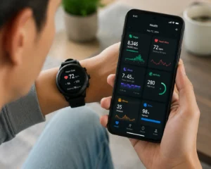 Close-up of a user checking health metrics on a smartwatch and smartphone health app, showing heart rate, steps, sleep, stress, and activity levels.