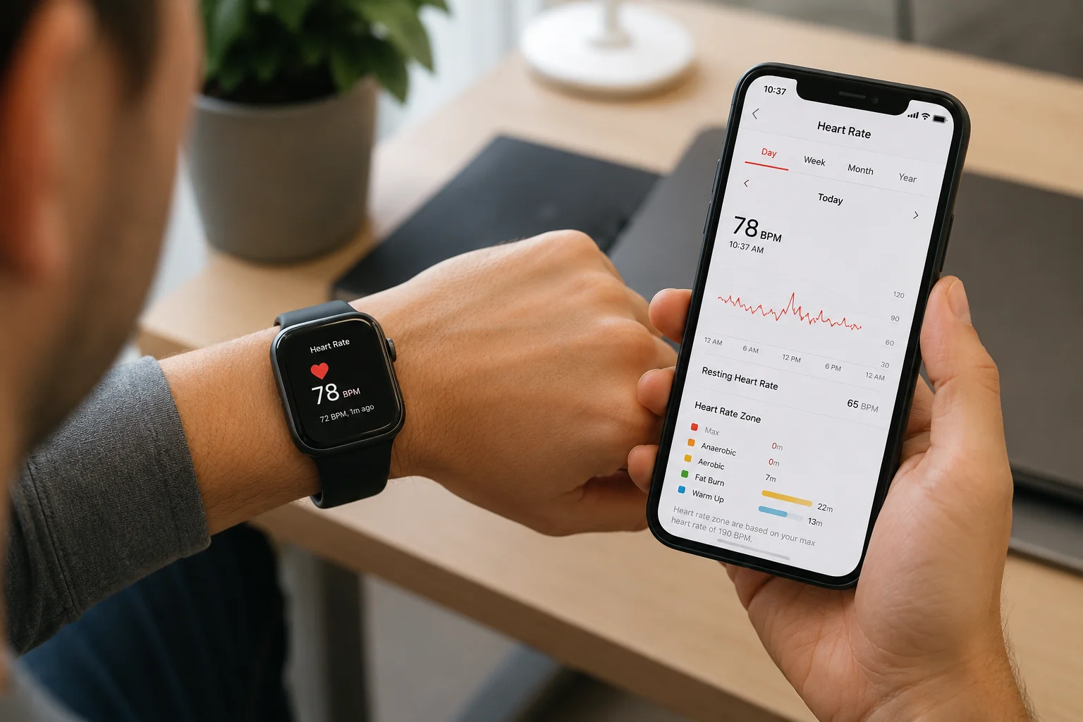 Testing Key Smartwatch Features A person testing a smartwatch's heart rate sensor and checking the app on their phone