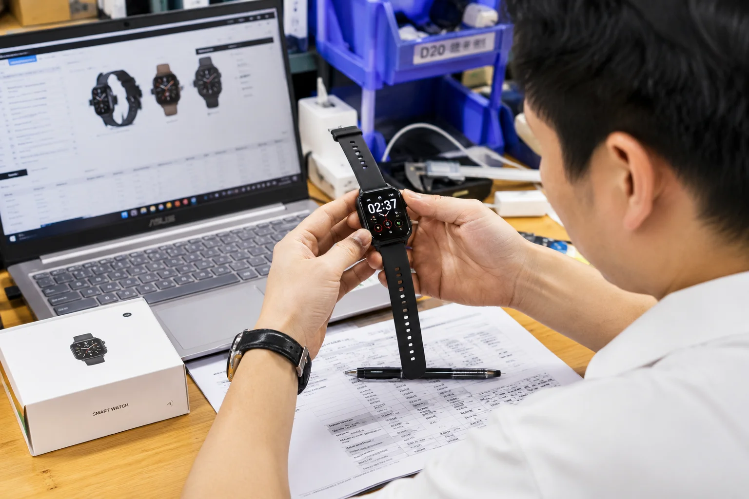 A person inspecting a sample of a smartwatch