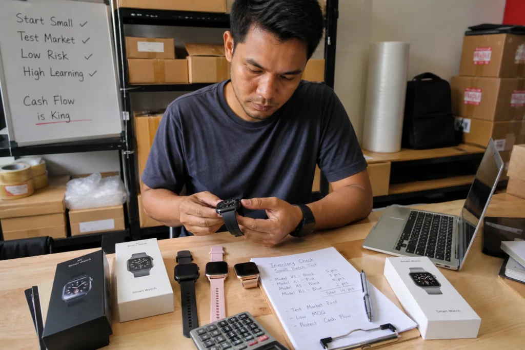 Person inspecting a smartwatch among various models, boxes, and a laptop in a small business workspace with inventory and handwritten notes.