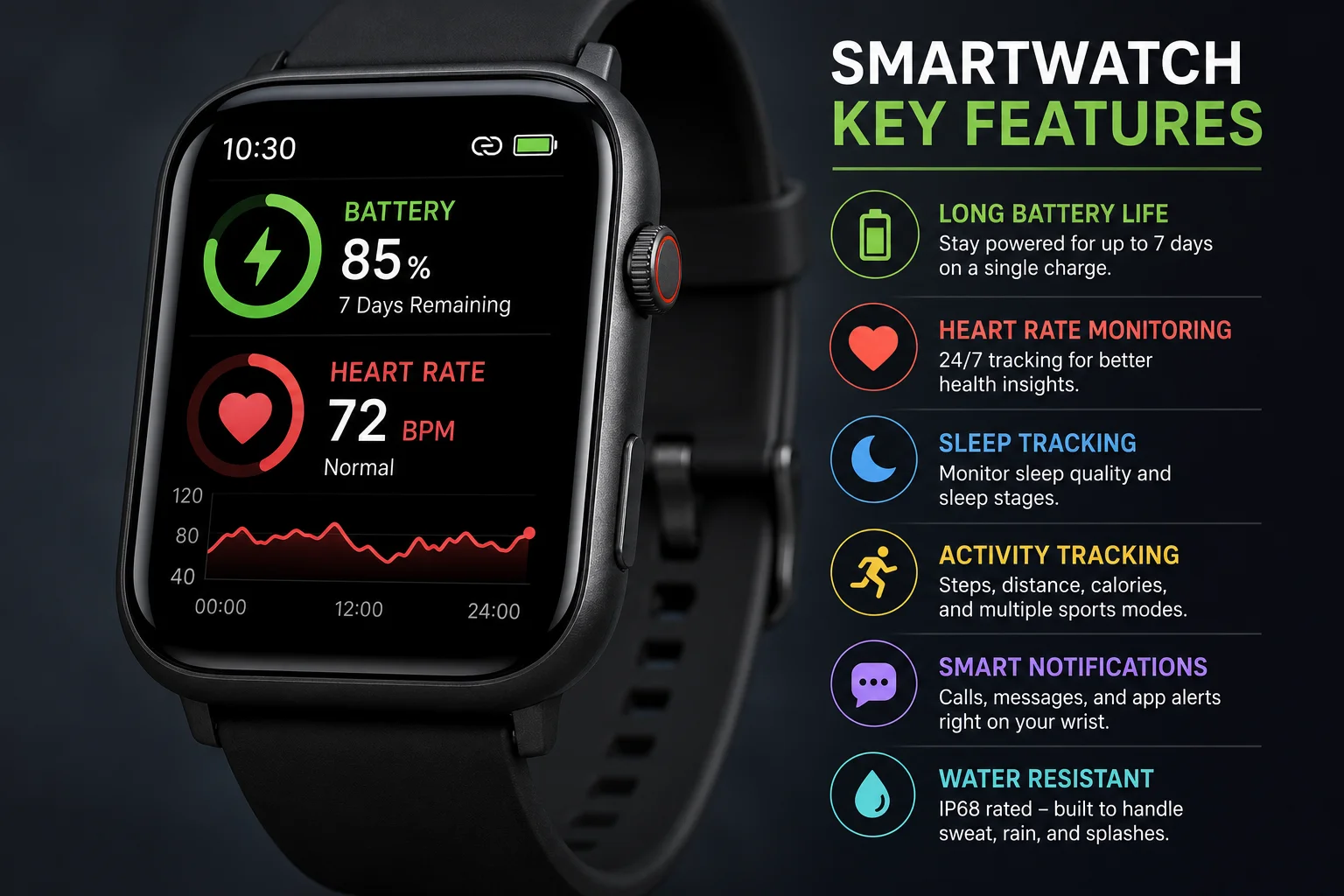 Smartwatch Key Features a close-up of a smartwatch screen showing battery life and heart rate