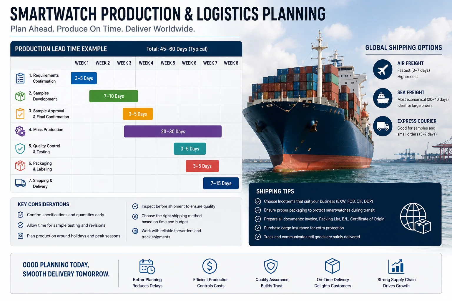 Smartwatch Production and Logistics Planning a calendar showing production lead time and a cargo ship for shipping