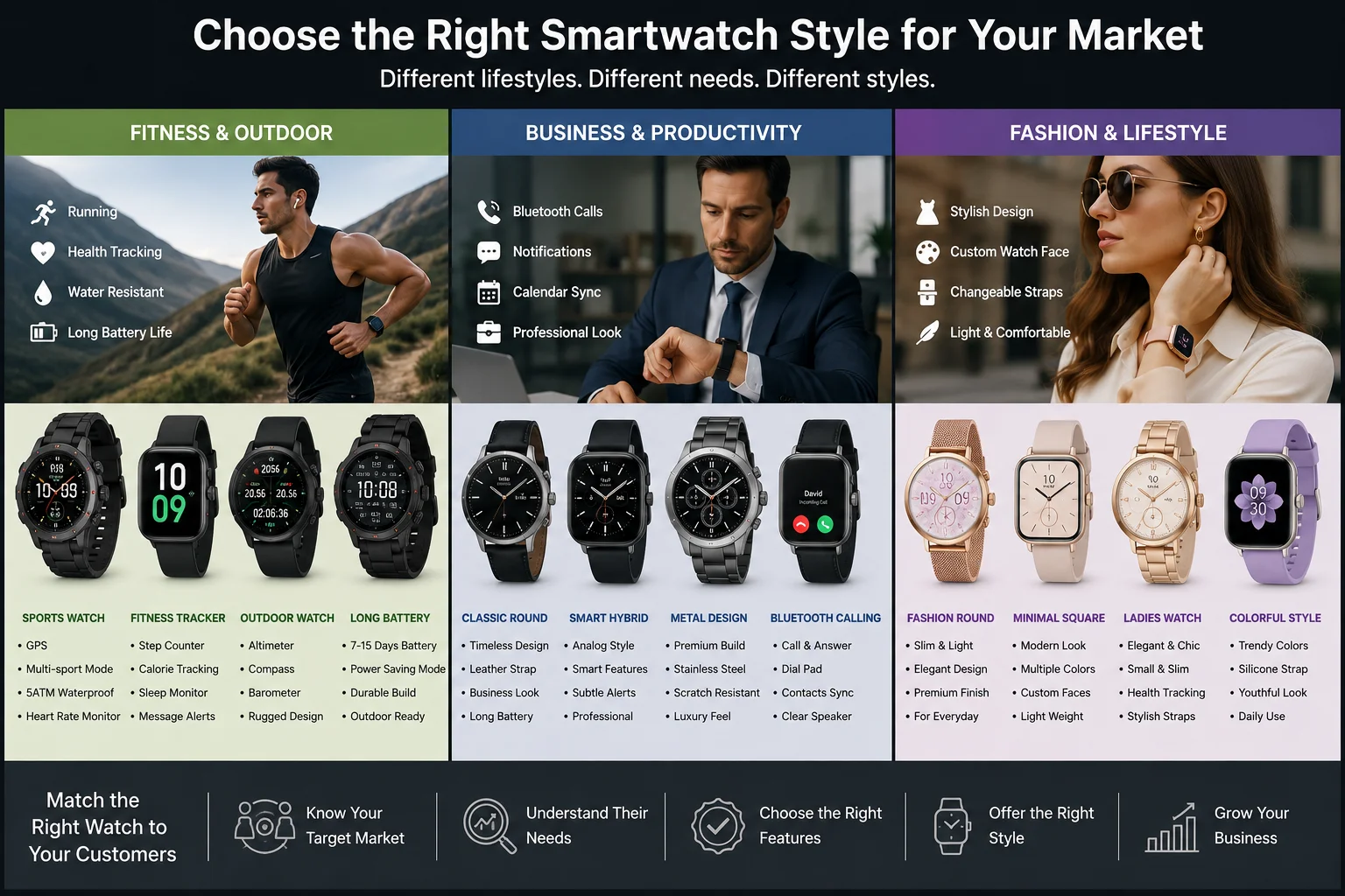 Matching Smartwatch Styles to Your Market A mood board with pictures of different lifestyles (fitness, business, fashion) and matching smartwatch styles