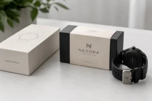 Minimalistic Nexora Collective smartwatch packaging alongside black smartwatch with modern design on a white surface.