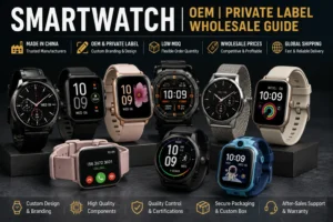 Variety of smartwatches showcased for OEM and private label wholesale, highlighting customization, quality, and global shipping benefits.
