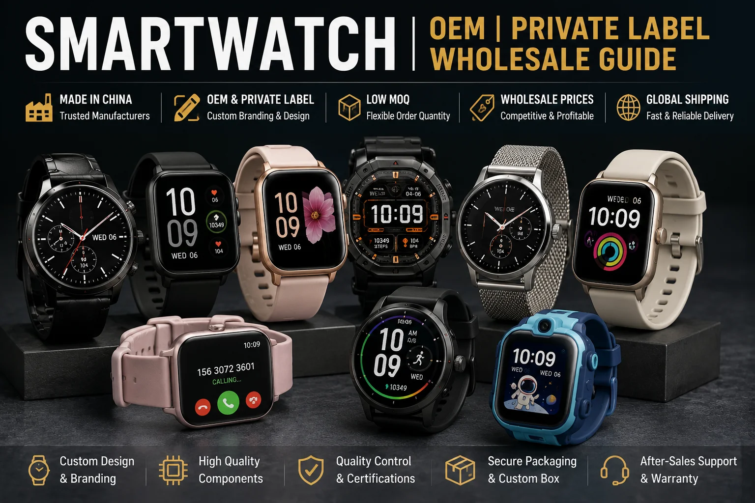 Smartwatch OEM Private Label Wholesale Guide A collection of smartwatches with different screen designs and straps