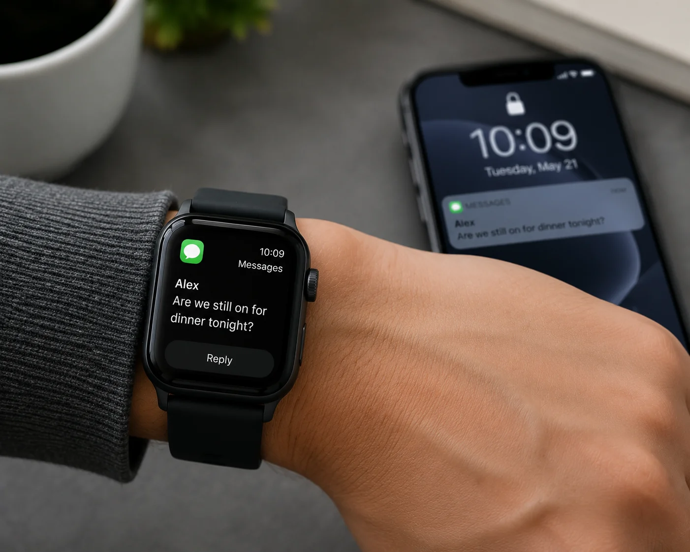 Smartwatch Connectivity A smartwatch displaying a notification from a connected smartphone