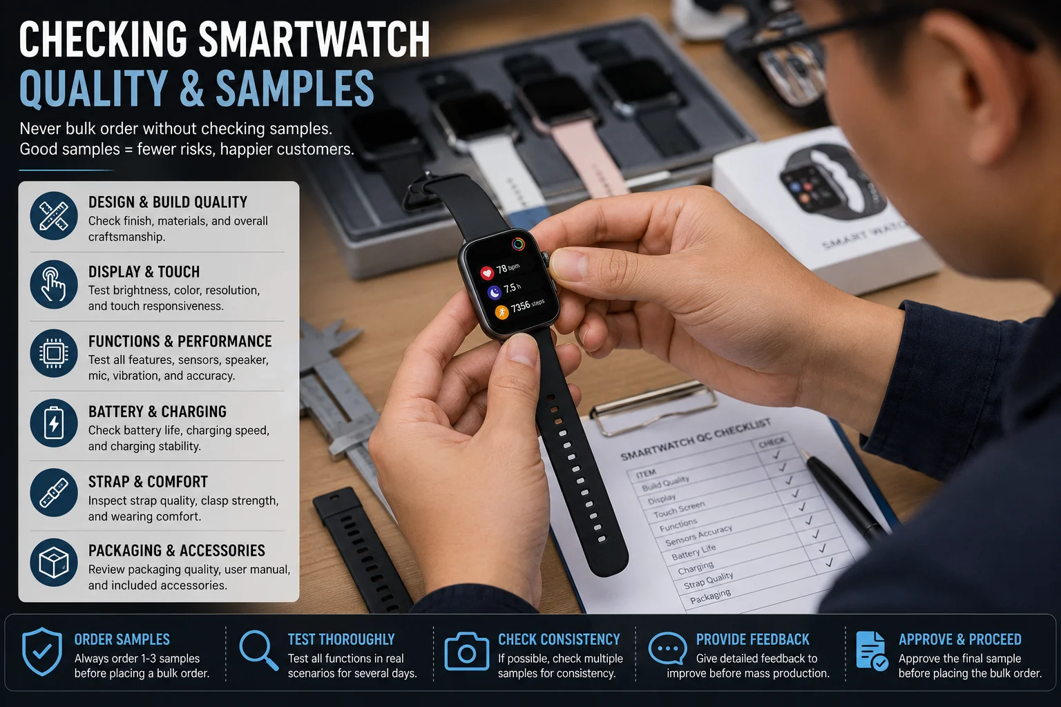 Checking Smartwatch Quality and Samples A person inspecting a smartwatch sample, checking the strap and screen