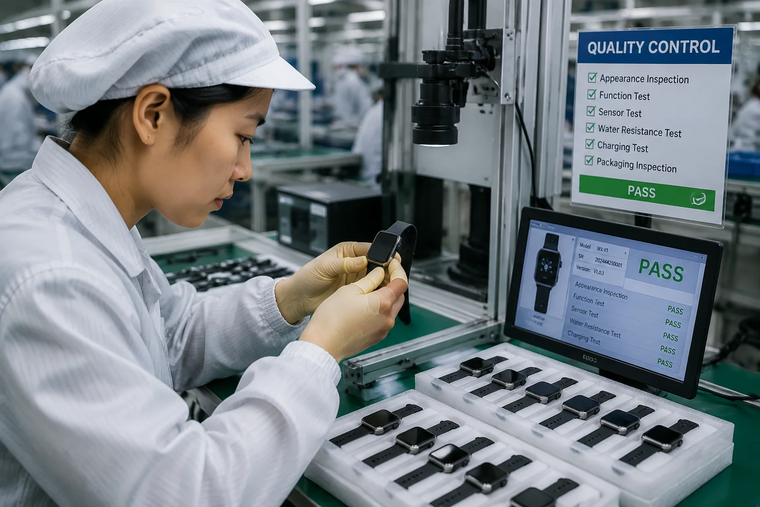 Inspecting Smartwatch Quality A close-up of a person inspecting a smartwatch for quality