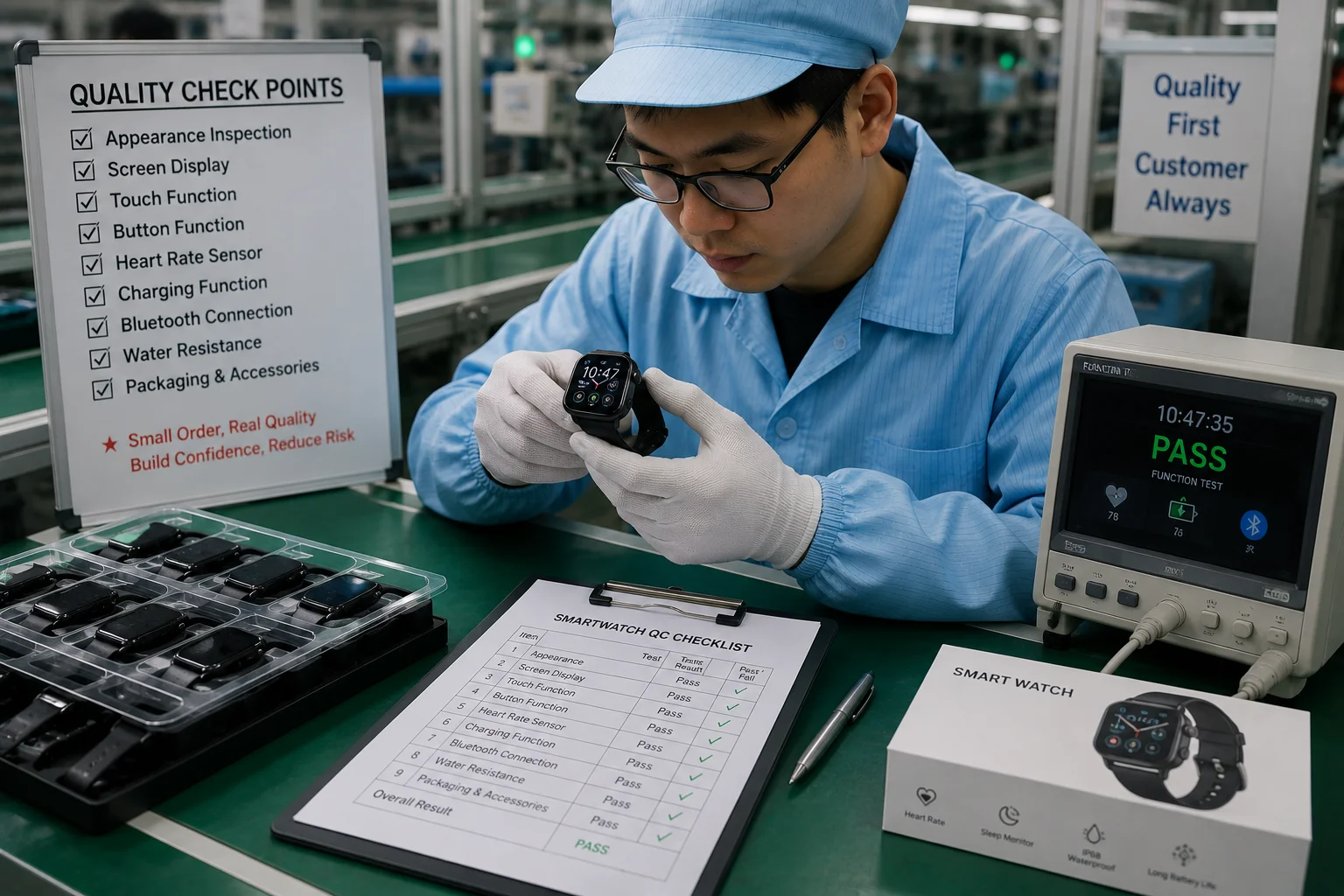 Testing Real Product Quality with a Small Order A quality control inspector checking a smartwatch from a production line
