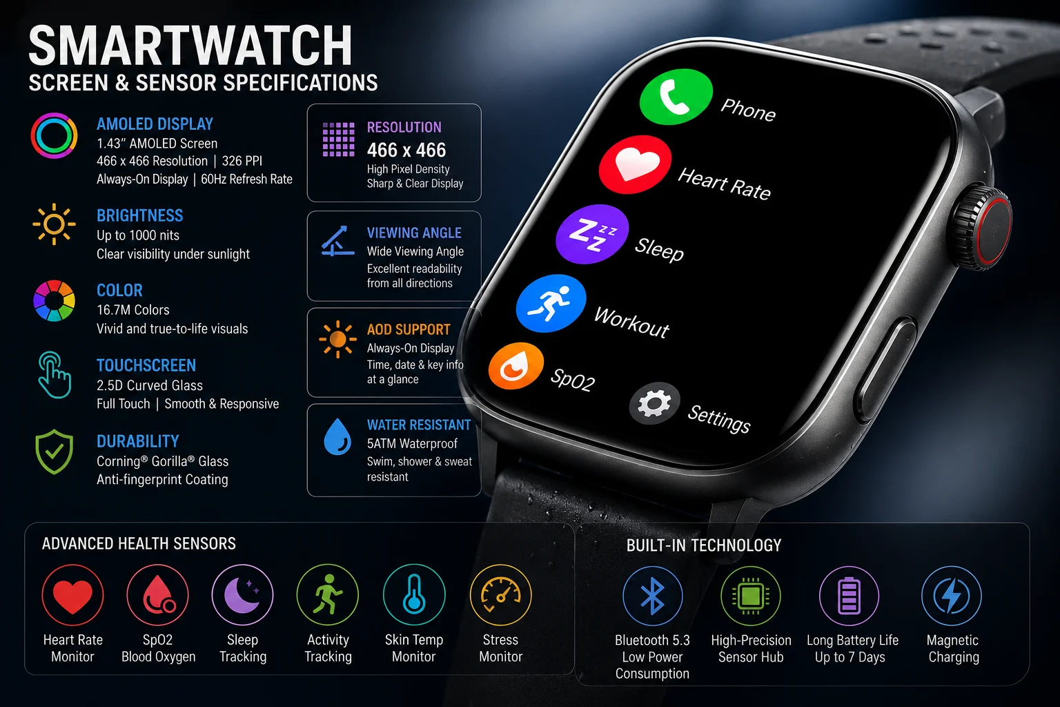 Smartwatch Screen and Sensor Specifications A close-up shot of a smartwatch screen showing sharp icons and bright colors
