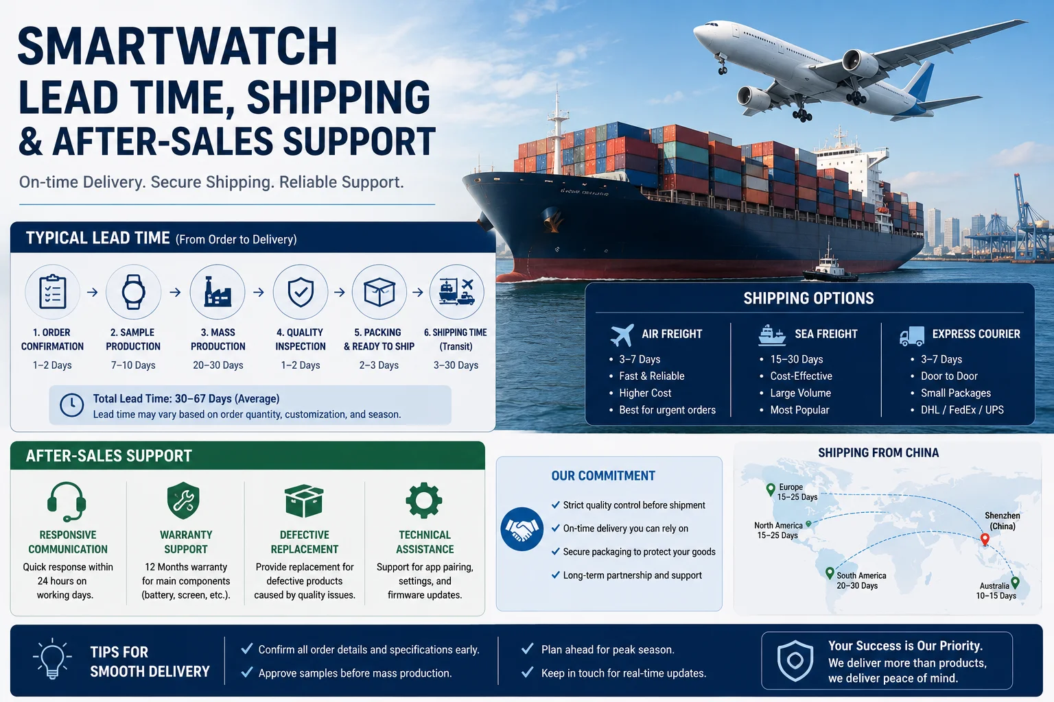 Smartwatch Lead Time Shipping and Support A calendar and a cargo ship and airplane to illustrate lead time and shipping